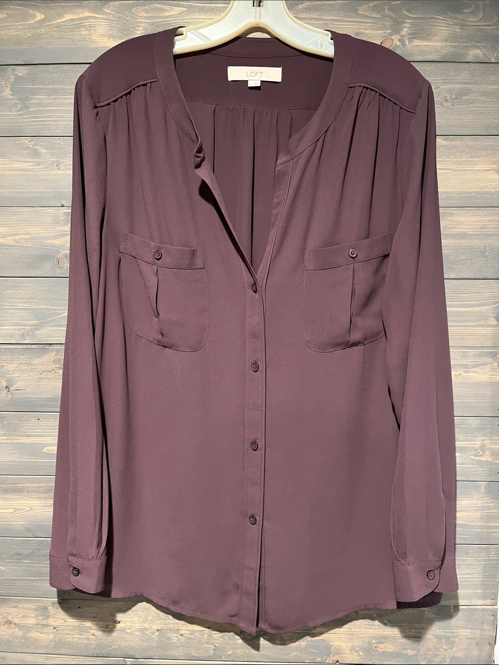 LOFT Plum Button-Front Long-Sleeve Blouse L